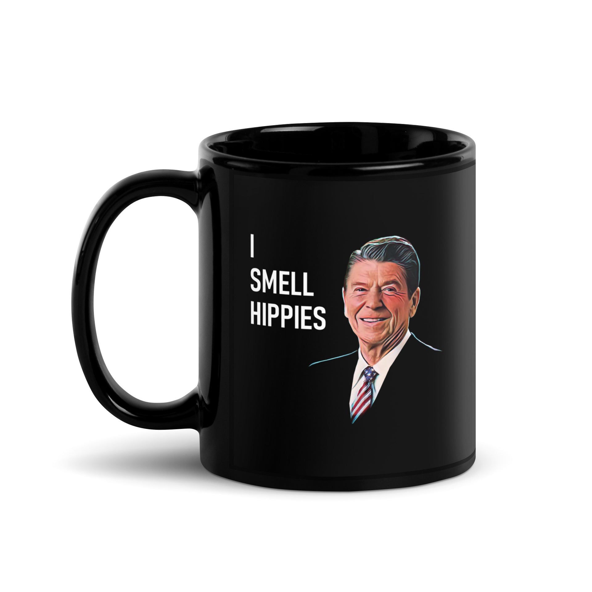 REAGAN I SMELL HIPPIES - Black Glossy Mug